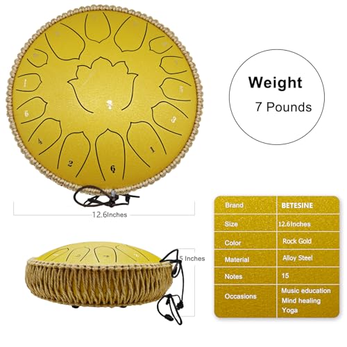 BETESINE 13-Inch 15-Note Steel Tongue Drum in C Major, Beginner-Friendly Meditation Drum with Mallets, Music Book, Finger Picks, Carry Bag & Note Stickers, Rock Gold - color: Rock Gold