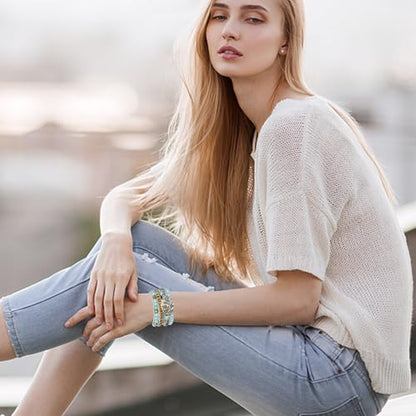 Plumiss Women Boho Handmade Natural Stone Crystal Leather Bead Wrap Bracelets Collection - style: Gold Amazonite 5W