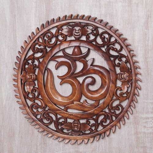 NOVICA Artisan Handcarved Wood Wall Relief Panel Om Motif from Bali Brown Indonesia Decor Panels Hinduism East Meets West Spiritual Religious Balinese Traditional Carvings [0.8in H x 15.75in Diam.]