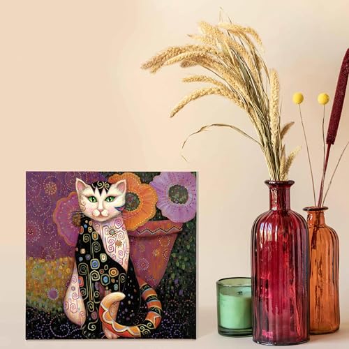 SiuSue Mystical Witchy Boho Floral Cat Canvas Wall Art Poster Prints Artwork Pictures Framed for Home Kids Girls Room Bedroom Living Room Meditation Room, 12x12 Inch - color: Cat-1