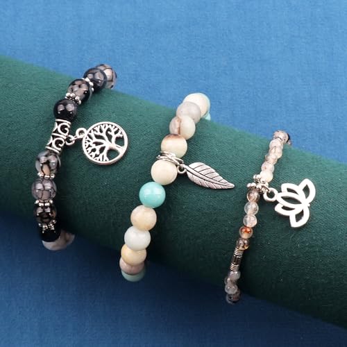 Tree of Life Yoga Healing Stone Bracelets,Multilayer Lotus Chakra Stone Reiki Bracelet Sets,Anxiety Crystal Natural Stone,for Women Stress Relief - style: Black dragon agate + amazonite