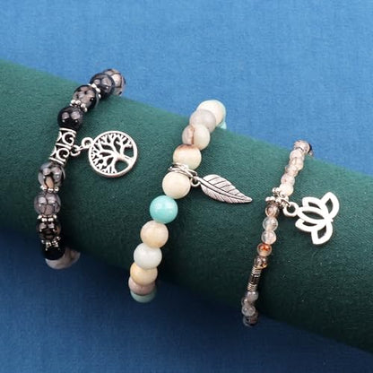 Tree of Life Yoga Healing Stone Bracelets,Multilayer Lotus Chakra Stone Reiki Bracelet Sets,Anxiety Crystal Natural Stone,for Women Stress Relief - style: Black dragon agate + amazonite