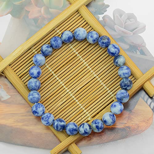 Natural Gemstones Bracelet 8mm Chakra Round Beads Energy Power Crystal Reiki Healing Elastic Stretch 7 Inch for Women Men Unisex - color: Blue Dot