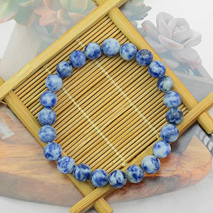 Natural Gemstones Bracelet 8mm Chakra Round Beads Energy Power Crystal Reiki Healing Elastic Stretch 7 Inch for Women Men Unisex - color: Blue Dot