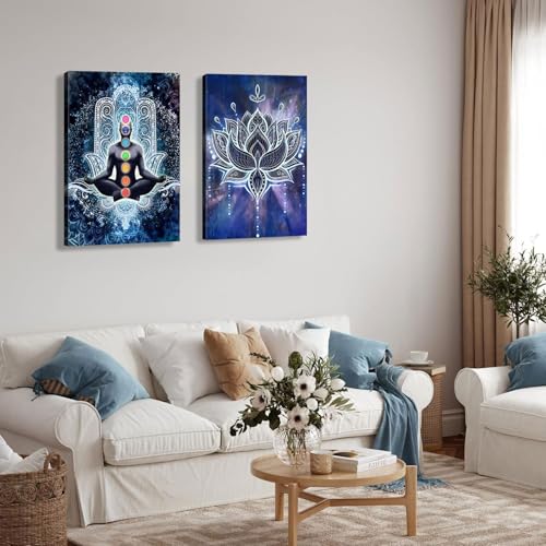 2 Pcs Framed Spiritual Canvas Wall Art Mural Chakra Meditation Poster Lotus Mandala Printed Zen Yoga Artwork Used Mindfulness Therapy Posters Bohemian Picture Home Decoration Gallery Wrapping 12X16Inch