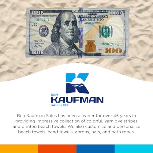 Kaufman - Printed Beach and Pool Towel Set, 100% Cotton, 30 inch x 60 inch (American Flag/100 Dollar Bill)