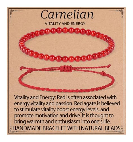 QOGIR 2pcs Handmade Healing Bracelet, Natural Gem Stone Crystal Elastic Bracelet - color: Carnelian(Vitality and Energy), size: 4mm