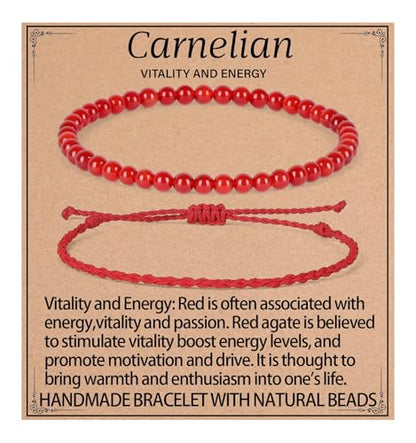 QOGIR 2pcs Handmade Healing Bracelet, Natural Gem Stone Crystal Elastic Bracelet - color: Carnelian(Vitality and Energy), size: 4mm