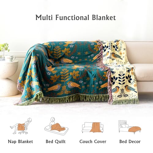 Throw Blanket for Couch Bed Cozy Cotton Blankets Twin,Soft Gauze Boho Throw Blanket Birds and Floral Doubel Side Embroidery,60"x80" Comfy Muslin Bed Blankets