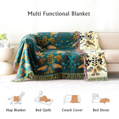 Throw Blanket for Couch Bed Cozy Cotton Blankets Twin,Soft Gauze Boho Throw Blanket Birds and Floral Doubel Side Embroidery,60"x80" Comfy Muslin Bed Blankets