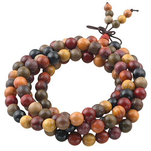 Nupuyai Natural Wood Wrap Bracelet for Women and Men, 108 Prayer Mala Beads Tibetan Necklace for Unisex Elastic Meditation Yoga Jewelry - color: 3-Mixed Sandalwood(8mm)