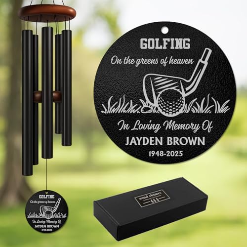 Personalized Golf Memorial Wind Chime – “Golfing on The Greens of Heaven” Custom Name & Years – Sympathy Gift for Golf Lovers – Memorial Windchimes for Loss of Loved One – Garden Remembrance Décor - size: GolfWC 1