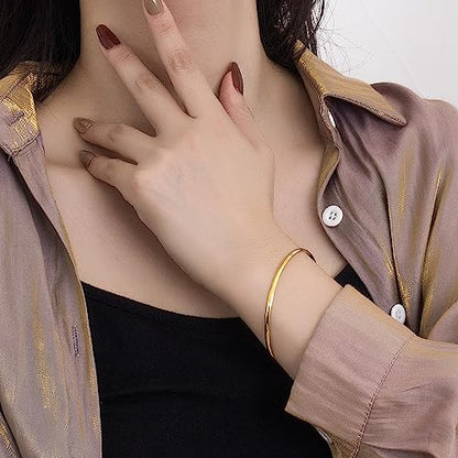 Minimalist Original 925 Sterling Silver Banglest Women Stackable Bracelet 2MM 65mm Jewelry Gift (Gold Color 1 Piece C Style, Diameter 65MM)