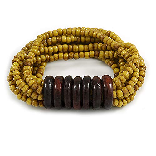 Avalaya Multistrand Dusty Yellow Glass Bead with Wooden Rings Flex Bracelet - Medium