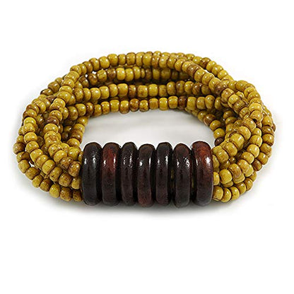 Avalaya Multistrand Dusty Yellow Glass Bead with Wooden Rings Flex Bracelet - Medium