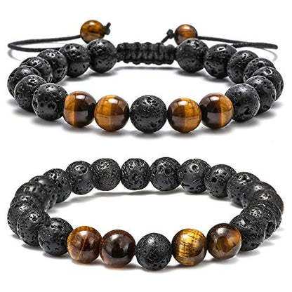 M MOOHAM Fathers Day Gift Mens Bracelet - Beaded Natural Stone 8mm Tiger Eye Matte Agate Lava Rock Bracelets for Men Teen Boys Grandpa Dad Birthday Gifts Jewelry - style: Lava Rock&Yellow Tiger Eye Bracelets