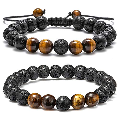 M MOOHAM Fathers Day Gift Mens Bracelet - Beaded Natural Stone 8mm Tiger Eye Matte Agate Lava Rock Bracelets for Men Teen Boys Grandpa Dad Birthday Gifts Jewelry - style: Lava Rock&Yellow Tiger Eye Bracelets
