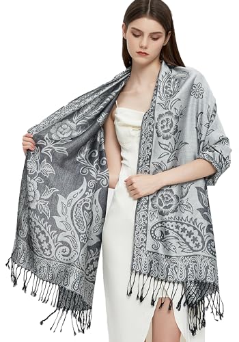 Pashmina Shawl Wrap with Ethnic Paisley Two Tone Jacquard Scarf for Women - color: Paisley-black Grey