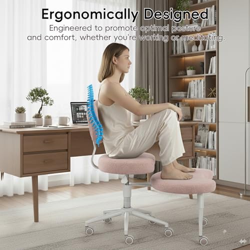 Meditation Chair with Wheels, Ergonomic Criss Cross Chair, Adjustable ADHD Floor Sitting Chair, Swivel Cross Legged Office Chair with High Back, Kneeling Posture Chair, Teddy Fabric,Pink - color: （teddy Fabric）pink