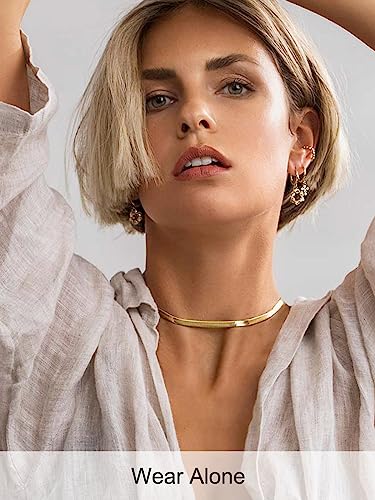 FOCALOOK 14K Gold Plated Necklaces for Women, Fashion Herringbone Choker Necklace Stainless Steel Flat Snake Chain 3/5MM(W) 12.5"/15"/18"+3.5"(L) - color: 5MM-14K Gold-12.5"