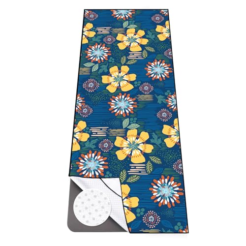 Colorful Star Yoga Towel with Corner Pockets, Non Slip Grip Dots Sweat Absorbent Hot Yoga Mat Towels, Yoga Blankets with Travel Bag, Mat Cover for Workout, Gym, Fitness - 74"x26", Blue Yellow Flowers - color: Blue Yellow Flowers, size: 74" x 26"