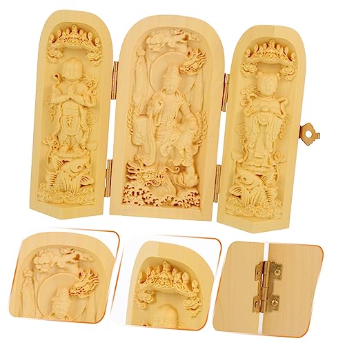 Happyyami Wood Buddha Statue Figurine Handcrafted Huangyang Wood 3-Compartment Box Home Decor for Meditation and Zen Spaces