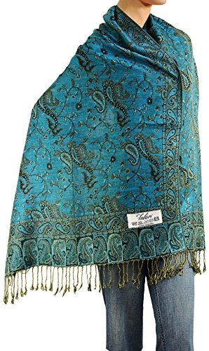 Falari Women's Reversible Paisley Pashmina Shawl Wrap Scarf For Evening Dresses Festivals Any Occasions All Seasons 80"x27" - color: Style 1 - Turquoise