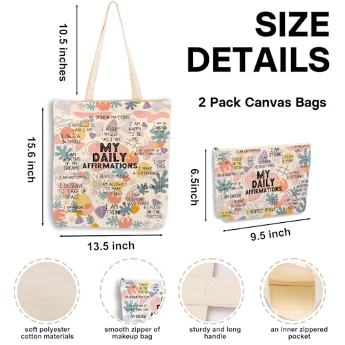 Positive Affirmations for Women, 2PCS Cosmetic Bag Canvas Tote Bag Beach Bags with Pocket Makeup Bags, Encouragement Inspirational Mental Health Gifts for Female Sister Friend Birthday Christmas - color: My Affirmations 0940