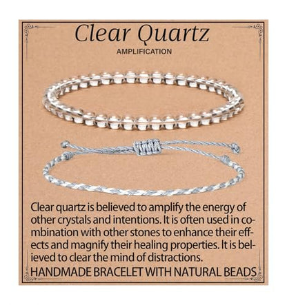 QOGIR 2pcs Handmade Healing Bracelet, Natural Gem Stone Crystal Elastic Bracelet - color: Clear Quartz(Stone of Amplification), size: 4mm