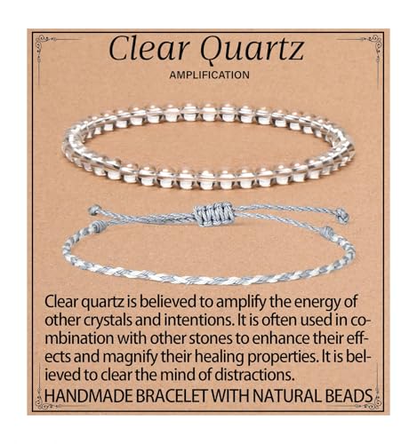 QOGIR 2pcs Handmade Healing Bracelet, Natural Gem Stone Crystal Elastic Bracelet - color: Clear Quartz(Stone of Amplification), size: 4mm
