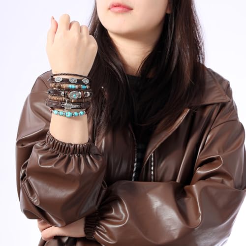 MILAKOO Mens Beaded Bracelets Tribal Wooden Elastic Adjustable Prayer Beads Wrap Cuff for Women - color: R: 5pcs