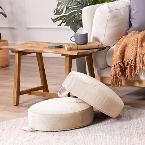 Factory Direct Partners FDP Overstuffed 16 inch Round Velvety and Vinyl Floor Cushions with Handles Flexible Seating for Home, Lounge, Yoga Studio, Deluxe Foam (2-Piece) - Beige - color: Beige