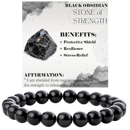 Bivei 8mm Beaded Bracelets for Women Handmade Semi Precious Natural Stone Stretch Elastic Jewelry Yoga Protection Gifts - color: Black Obsidian - Strength, size: Medium 6.8-7.3 inch