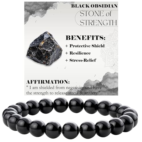 Bivei 8mm Beaded Bracelets for Women Handmade Semi Precious Natural Stone Stretch Elastic Jewelry Yoga Protection Gifts - color: Black Obsidian - Strength, size: Medium 6.8-7.3 inch