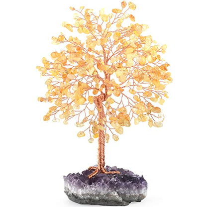 Gemstone Crystal Tree of Life,Natural Citrine(406 Stones Count) with Amethyst Cluster Base,Chakra Healing Crystals Positive Energy Fengshui Bonsai Money Tree Gift 8.5"-9"