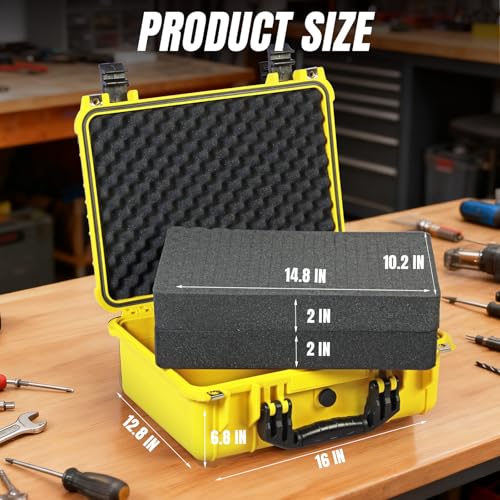 Jack Boss 16x 12.8x 6.8 Inch Hard Case, Portable Weather Waterproof Protective Camera Case with Customizable Foam, Fit Use of Drones, Camera, Equipments, Yellow - color: YELLOW, size: 16x12.8x6.8 in