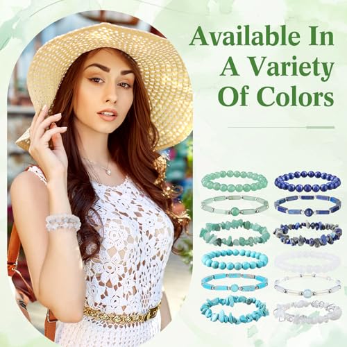 Huquary 12 Pcs Natural Stone Beaded Bracelets for Women Men 8mm Semi-precious Gemstone Stretch Bracelets Stackable Handmade Healing Crystal Jewelry Accessories for Birthday Spring Summer Gifts