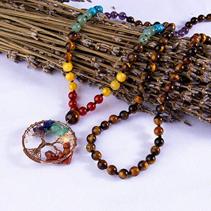 Bivei 108 Mala Beads Necklace Life Tree 7 Chakra Wrap Bracelet Real Healing Gemstone Yoga Meditation Hand Knotted Mala Prayer Bead Necklace - color: Tiger Eye Stone, size: 6mm