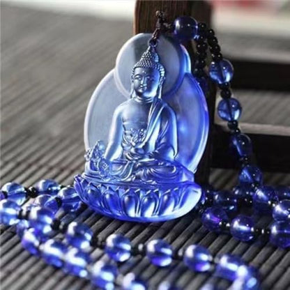 Blue Medicine Buddha Necklace Healing Glass Bead Choker Buddhist Health Amulet Pain Relief Pendant Spiritual Protection Jewelry Unisex Gift for Men Women
