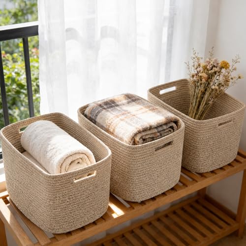 3 Pack Woven Rope Storage Baskets for Organizing,13.5"×11"×9.5"Storage Bins for Shelves,Perfect for Toys,Books,Towels,Clothes,Empty Gift Baskets for Nursery,Living Room&Bedroom(Mix Brown)