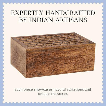 7.5” x 4.5” x 3” Mango Wood Box with Lid – Carved Scallop Medium Burnt – Handcrafted Wooden Keepsake Box – Medium Decorative Storage for Jewelry, Memory & Home Décor Accents