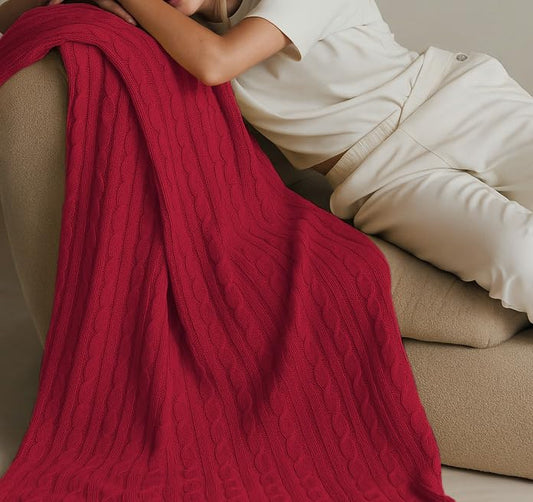 100% Pure Cotton Cable Knit Throw Blanket, Ultra Soft Breathable All Seasons Comfy Knitted Lightweighted Washable Blanket for Couch Bed, Farmhouse Home Decor, Gift Package, 60" x 70" Red - color: Red