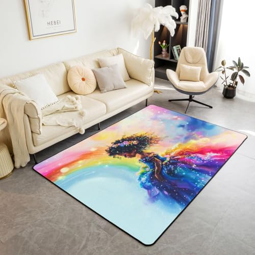 Castle Fairy Black Girl Mat Rug for Living Room Bedroom,Watercolor Flowers Rainbow Soft Cozy Carpet African Princess Decor Floor Mat Colorful Room Decorative Rug,3x5 - color: Colorful 1, size: 4'11" x 3'3" (Rectangular)