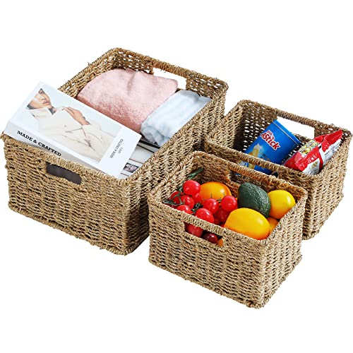 HOONEX Large Wicker Baskets for Storage, Seagrass Baskets with Dual Handles, Woven Baskets for Storage, Set of 3, Natural - color: Natural (Seagrass), size: 17"D x 12.2"W x 7.5"H