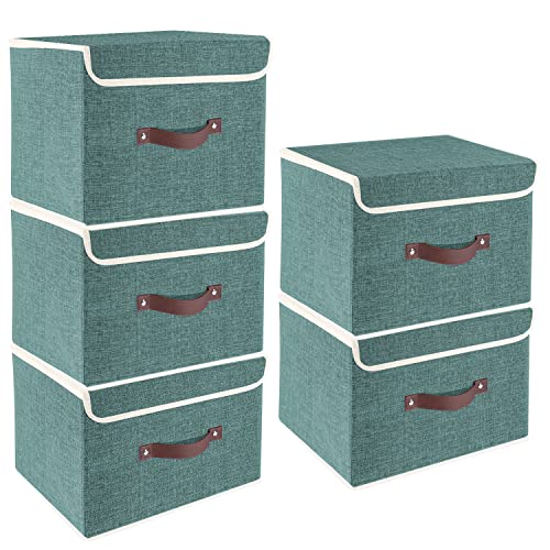 Foldable Storage Boxes with Lids 5 Pack Fabric Storage Bins with Lids, Closet Organizers for Clothes Storage, Room Organization, Office Storage, Toys - Aqua Deep - color: Aqua Deep, size: 5-pcs 14.9x9.8x9.8 in
