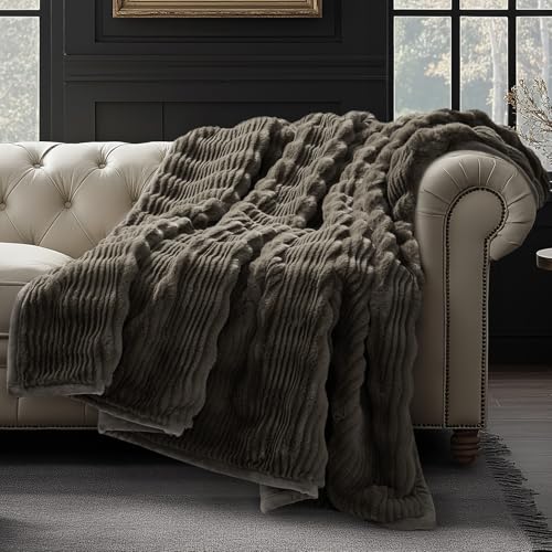EVERGRACEHOME Ultra Soft Faux Fur Throw Blanket for Couch, Luxury Sculpted Texture Faux Rabbit Fur Blanket for Bed, Fluffy Thick Plush Warm Fuzzy Throw, 920GSM (Dark Taupe, 50''x60'') - color: Dark Taupe, size: 50''x60''