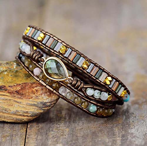 Handmade Boho Wrap Bracelets Natural Turquoise Crystal Stone Variety Beaded Strand Bracelet - color: Labradorite