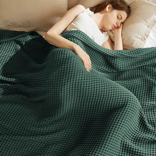 Bedsure 100% Cotton Twin XL Blanket for Spring Summer, Soft Waffle Weave Bed Blanket, Thin Lightweight Breathable Cotton Bedding, College Dorm Room Essentials for Girls, Guys, Dark Green, 66" x 90" - color: Dark Green, size: Twin Xl (66" X 90")