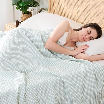 Lightweight Cotton Waffle Throw Blanket, Modern Two-Tone Check Pattern, Soft & Breathable for Bed, Couch, Sofa, All Seasons – Light Blue/White, 50"x60" - color: Blue/White, size: Queen