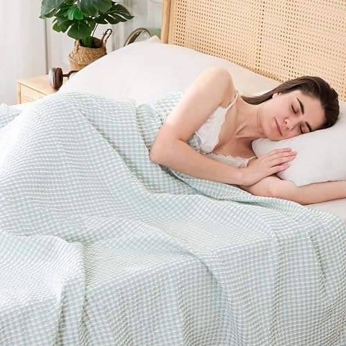 Lightweight Cotton Waffle Throw Blanket, Modern Two-Tone Check Pattern, Soft & Breathable for Bed, Couch, Sofa, All Seasons –Light Blue/White, 50"x60" - color: Blue/White, size: King